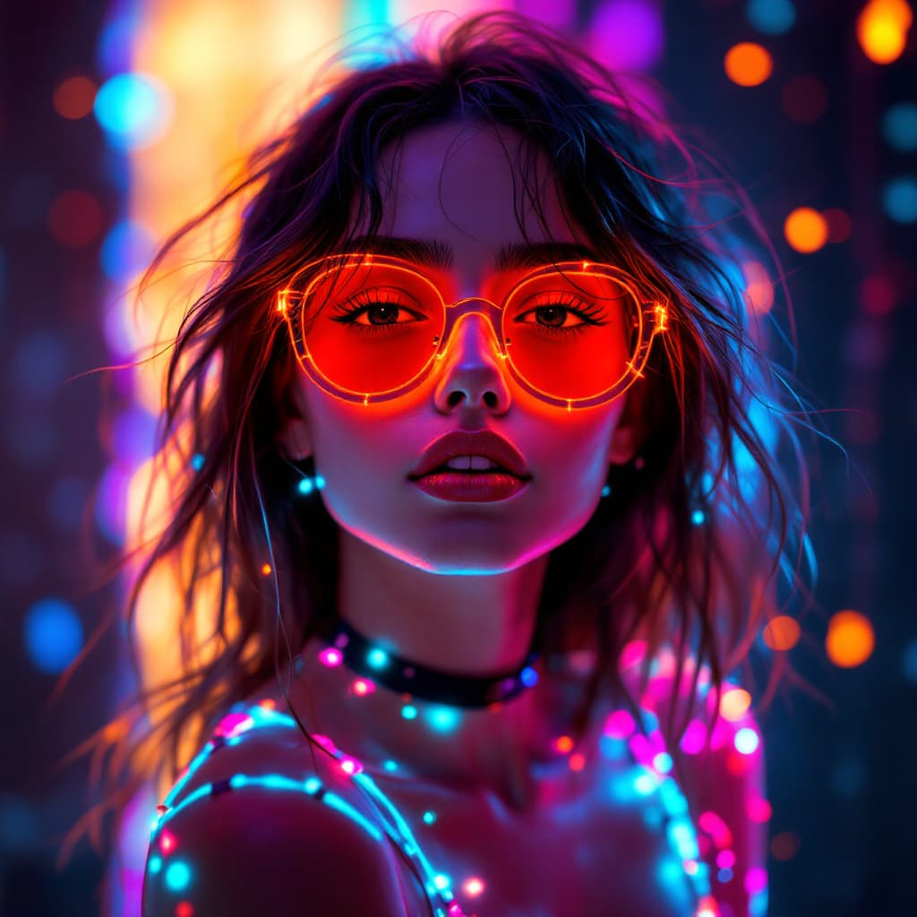 AI generated: a full body bio limerent woman looking at viewer, Futuristic retro vaporwave, neon woman with long m...