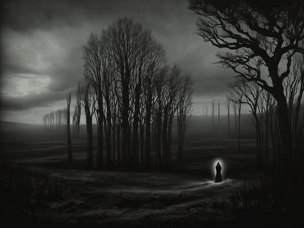 AI generated: The image depicts a dramatic and eerie scene, set against a wide, panoramic backdrop of dark and for...