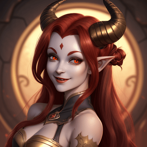 AI generated: small tiefling woman barde short dress long dark red hair two golden horns and two side buns ash ski...