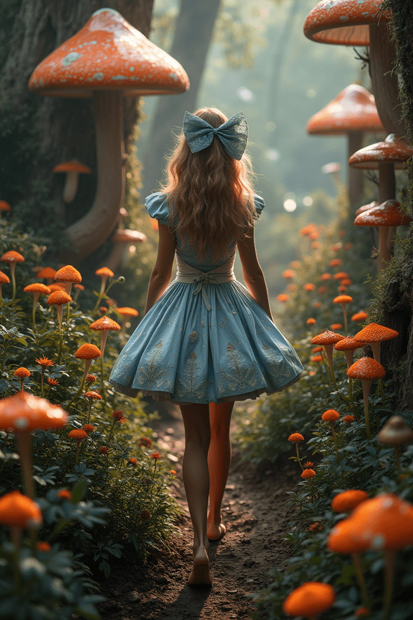 AI generated: Alice in Wonderland, walking throught a surealism Wonderland with giant mushrooms, glowing plants,ex...