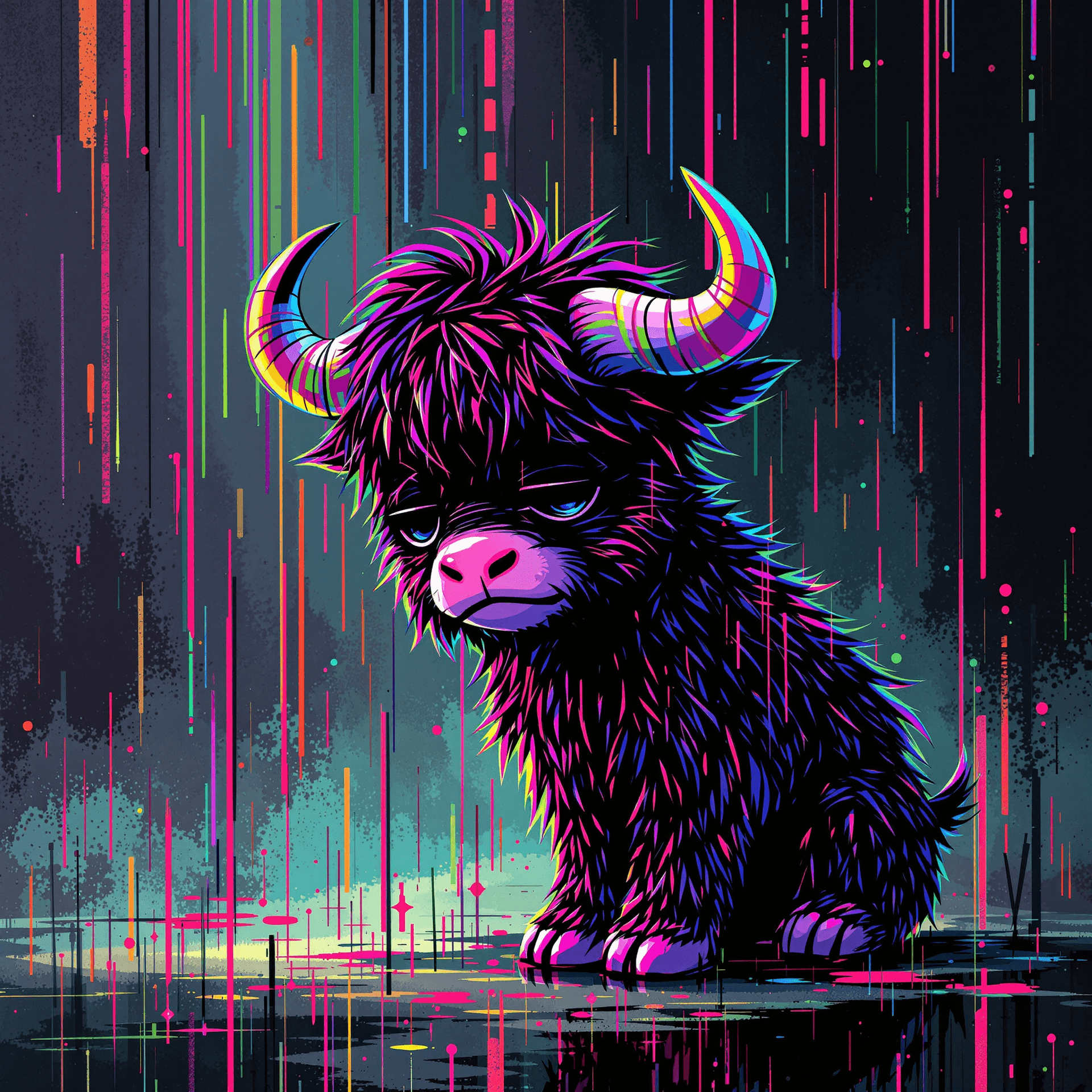 AI generated: Stylized glitch anime cartoon miniature sad baby wildebeest, pink nose, abstract background, colored...