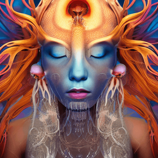 AI generated: Goddess close-up portrait ribcagel. jellyfish phoenix head, nautilus, orchid, skull, betta fish, bio...