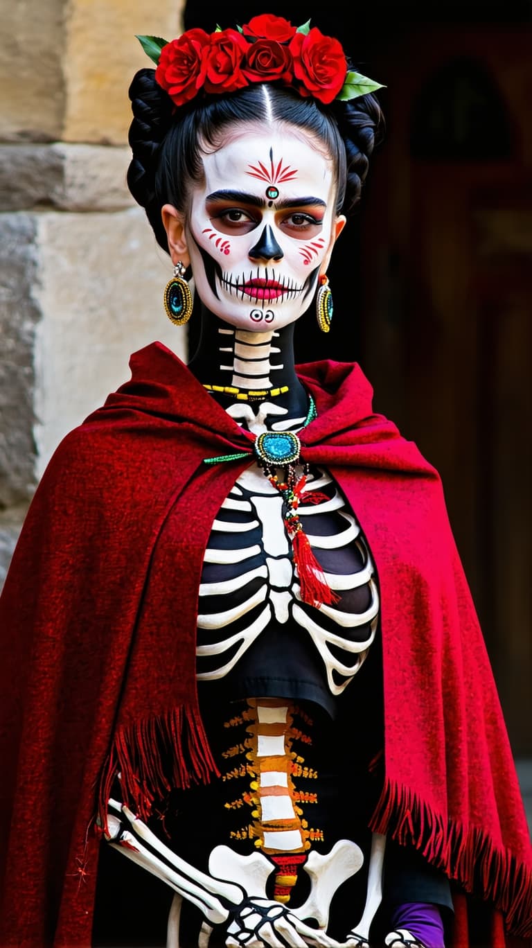 AI generated: Frida Khalo on Dia De Los Muertos. Her face is painted with ornate white and blacks. She appears to ...