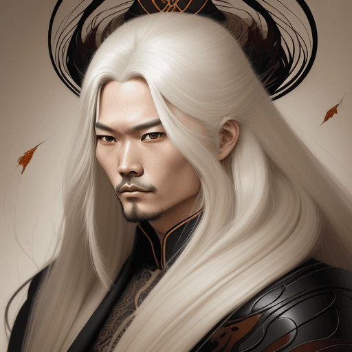 AI generated: an illustration of a Chinese man with long white hair, in the style of ingrid baars, j. scott campbe...