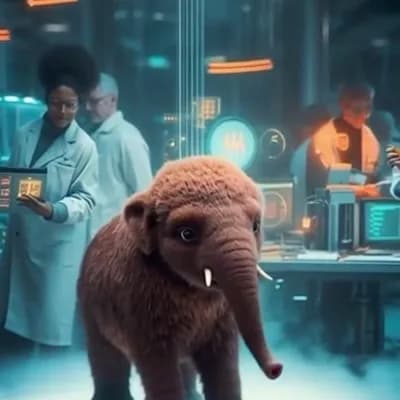 AI generated video: A baby mammoth inside a laboratory, surrounded by scientists and glowing equipment, cinematic lighti...