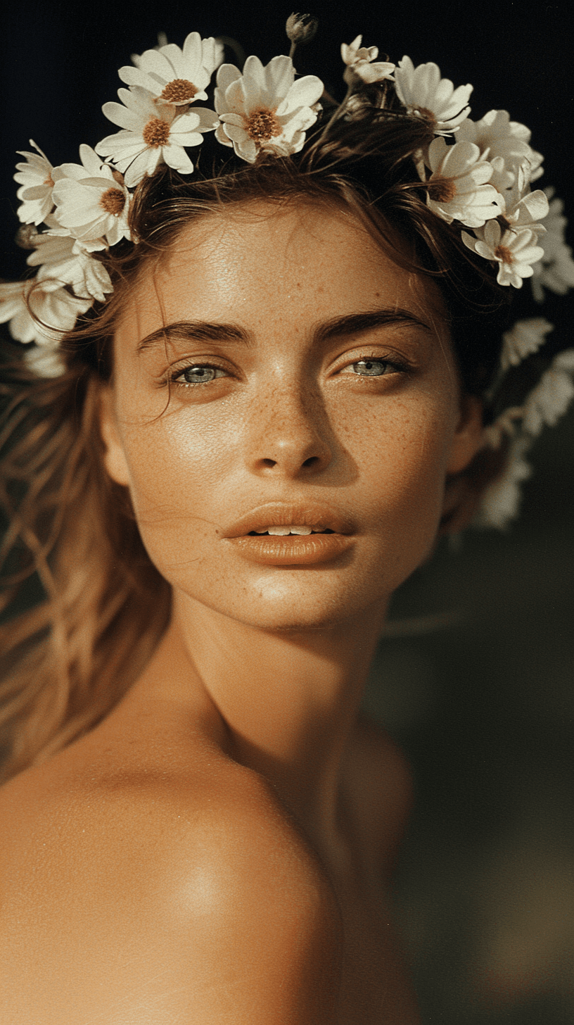 AI generated: portrait of strong fintess woman on top of a mountain with a wreath of flowers on her head, shot on ...