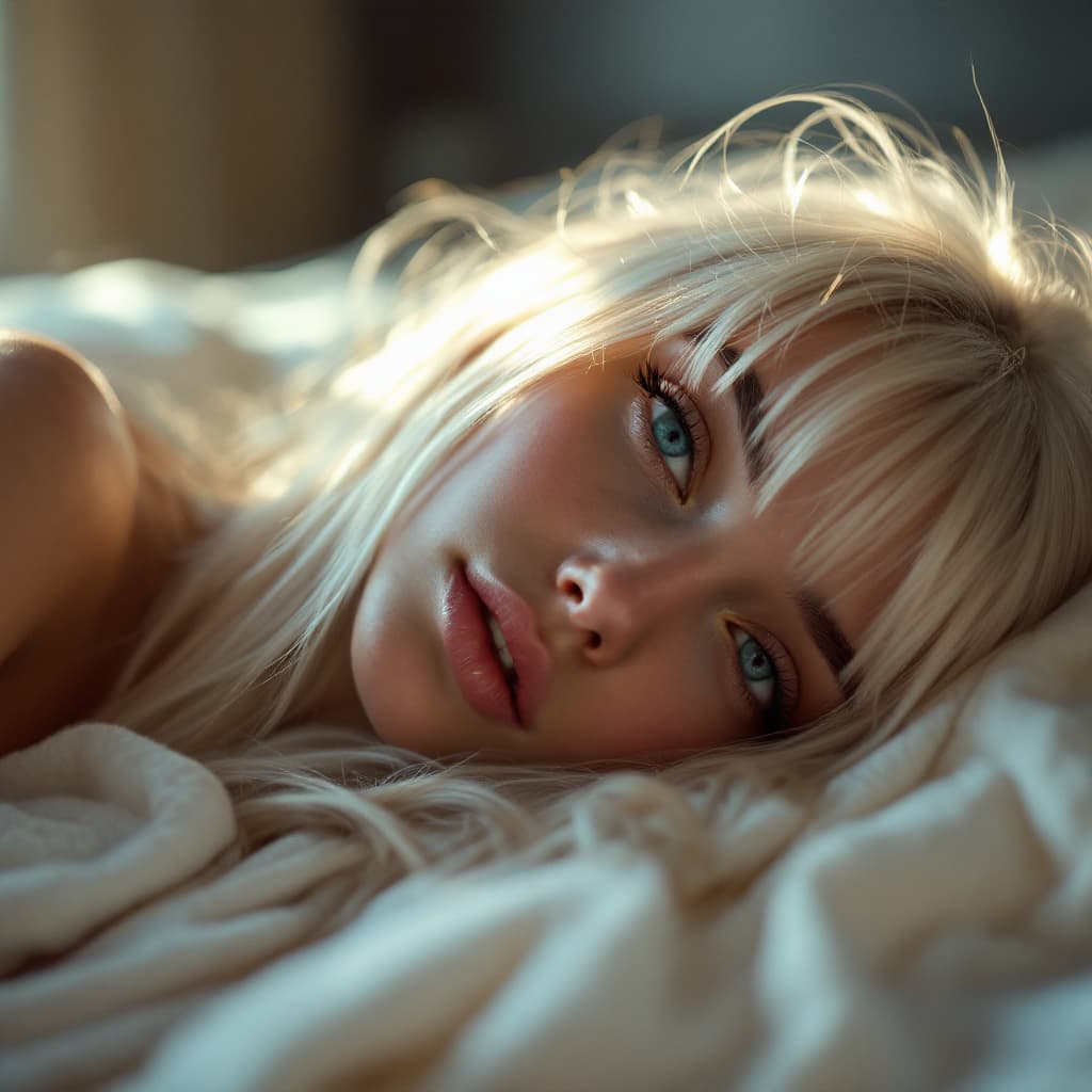 AI generated: a girl with long straight platinum blonde hair laying in bed, bangs, in the style of yigal ozeri, an...