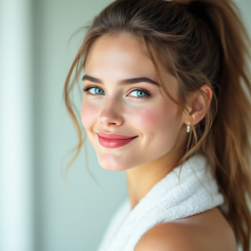 AI generated: A portrait of a young woman with light brown hair in a high ponytail, smiling softly with blue eyes ...