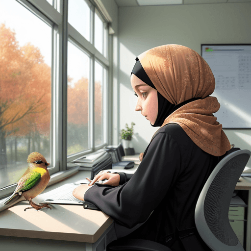 AI generated: I want a realistic picture, whether this picture is in the autumn season, a hijab-wearing girl worki...