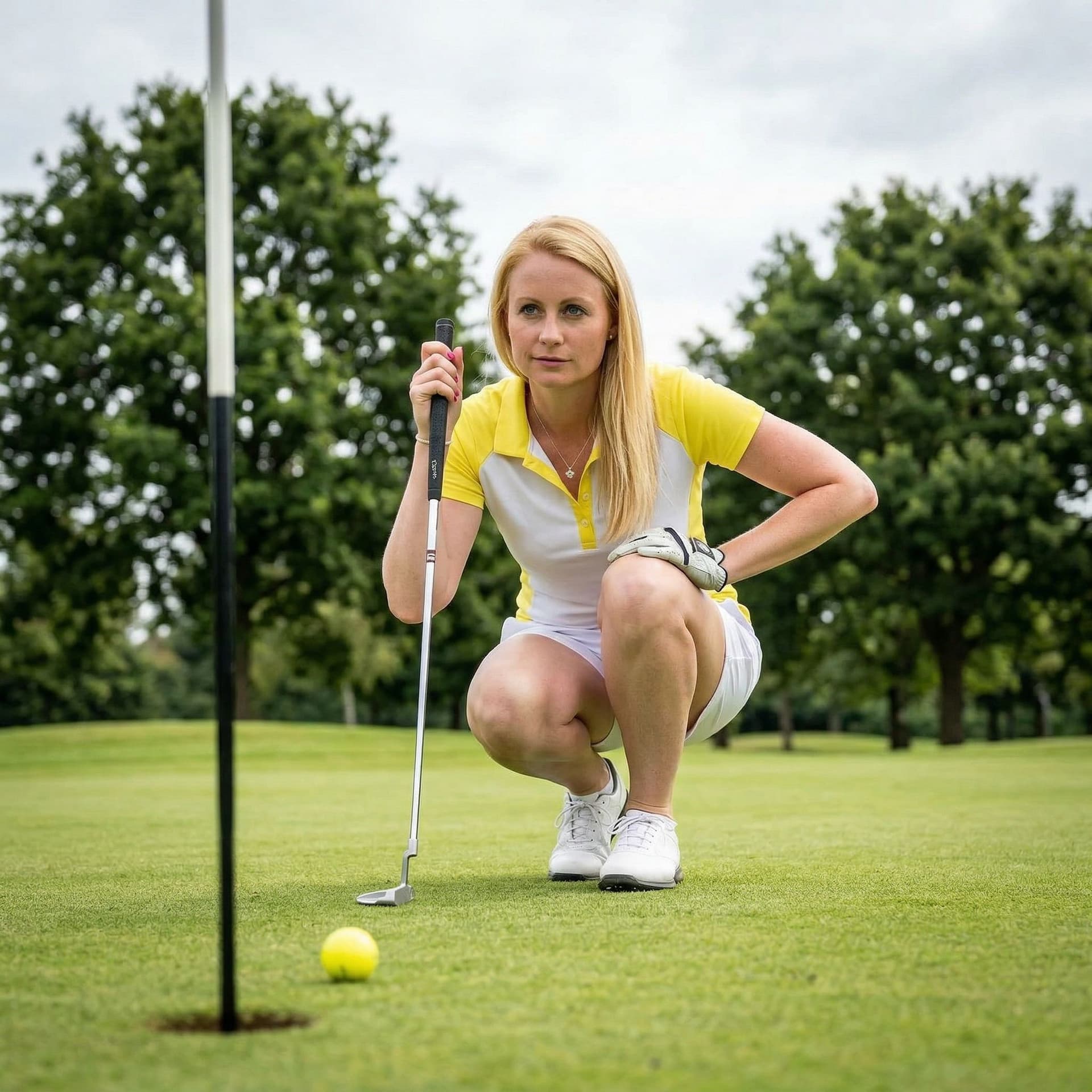 AI generated: A young, athletic woman with long blonde hair is in a low crouching pose on a golf course, about to ...
