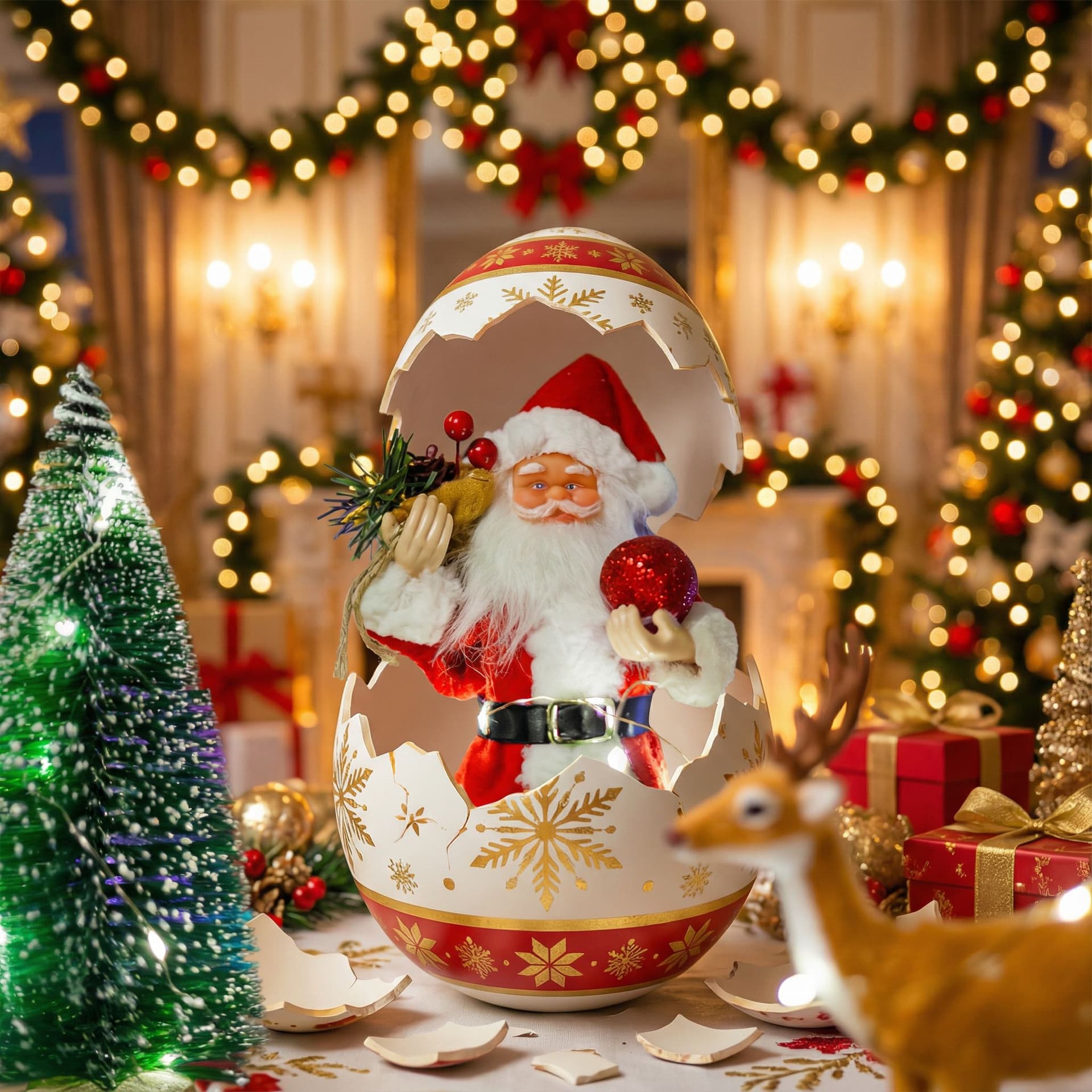 AI generated: Santa claus coming out from egg shell in grand cristmas celebration with joy and happiness 