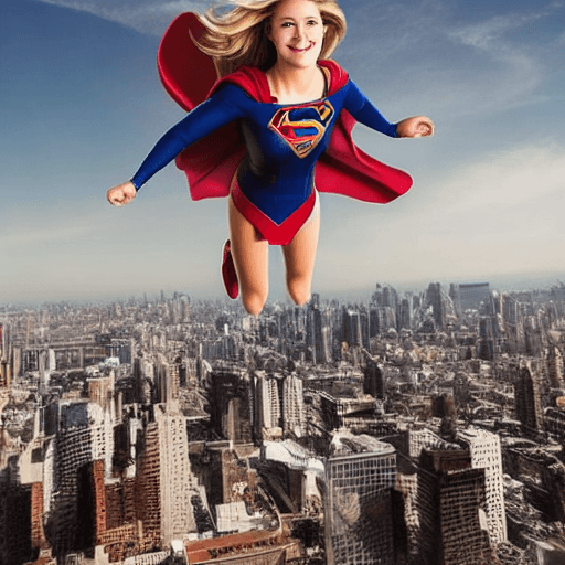 AI generated: Supergirl smiles as she floats above a city skyline, with her hair flowing in the wind.
Supergirl fl...