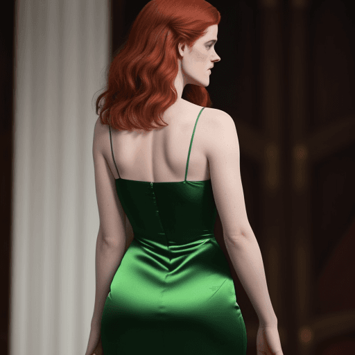 AI generated: Rose Leslie wearing a green satin dress, shown from behind.