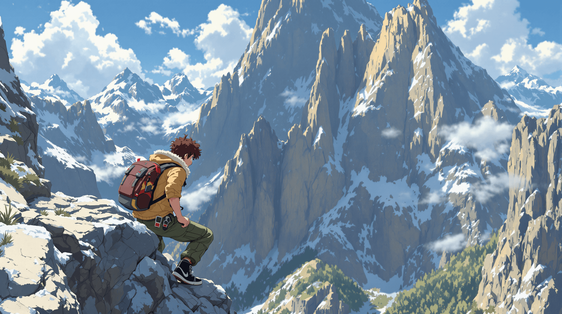 AI generated: Studio ghibli, Sony pictures, Disney, a 20 year old with brown short curly hair wearing a shearling ...