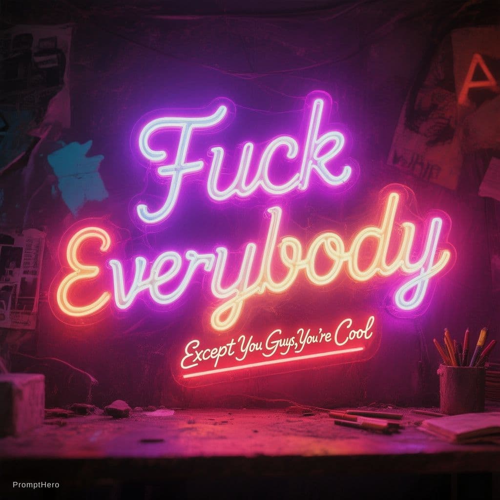 AI generated: a bright colored neon sign that says "Fuck Everybody" and small lettering at the bottom that says "E...
