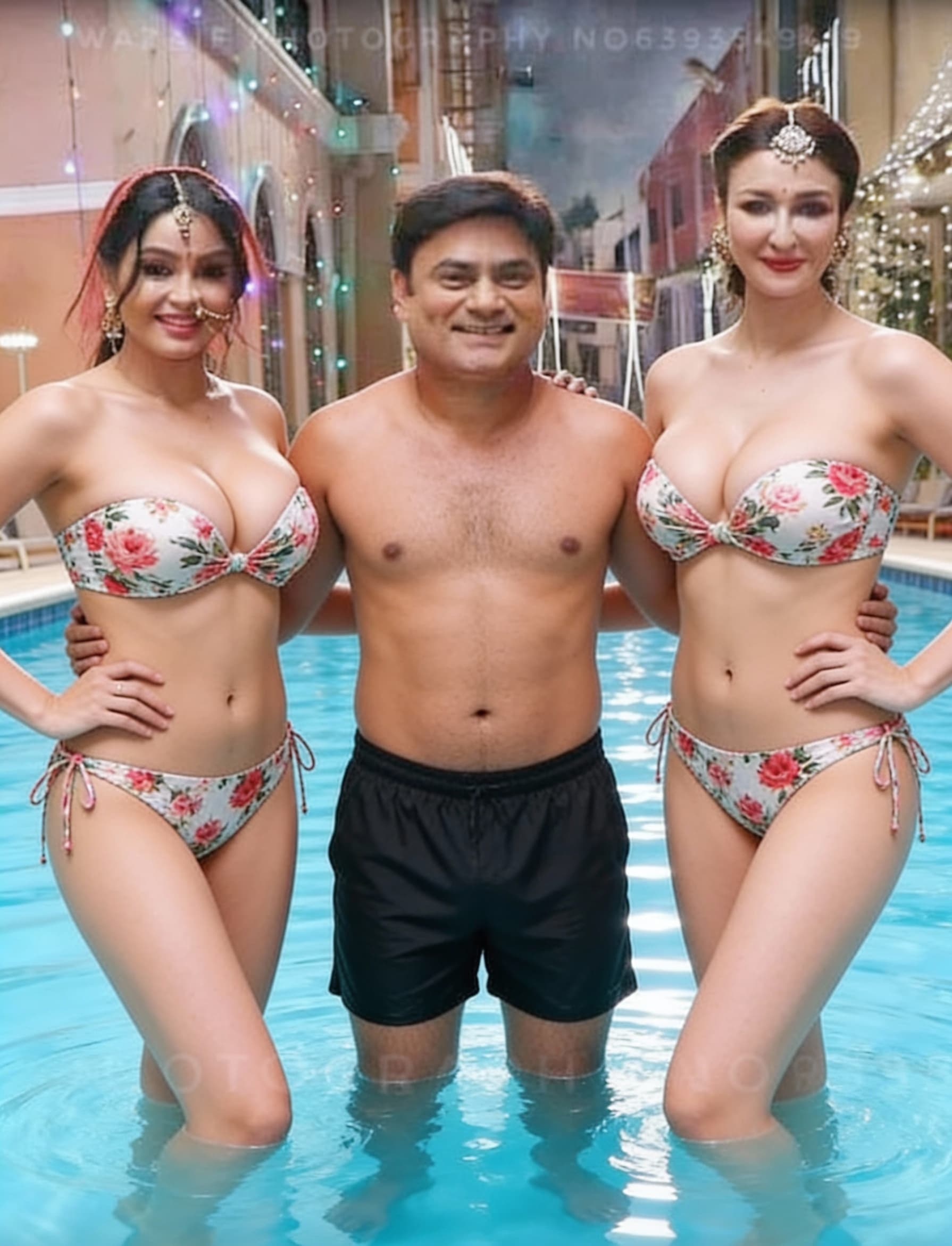 AI generated: The Women wearing a strapless floral print hot bikini bust size 36d and standing in swimming pool wi...