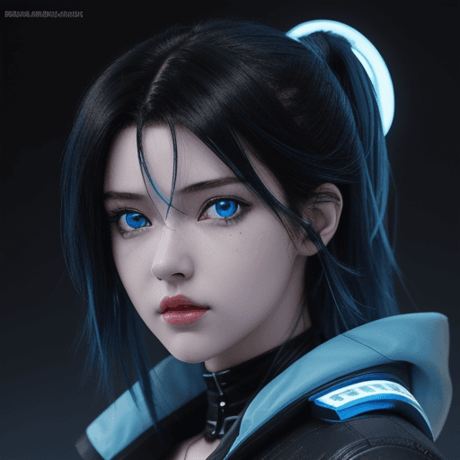 AI generated: anime, best quality, extremely detailed, beautiful girl, dark black hair with blue highlights, blue ...