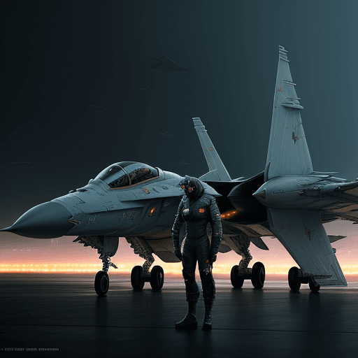 AI generated: Ukrainian fighter pilot stands beside futuristic sci fi fighter jet grounded at runway of cyberpunk ...