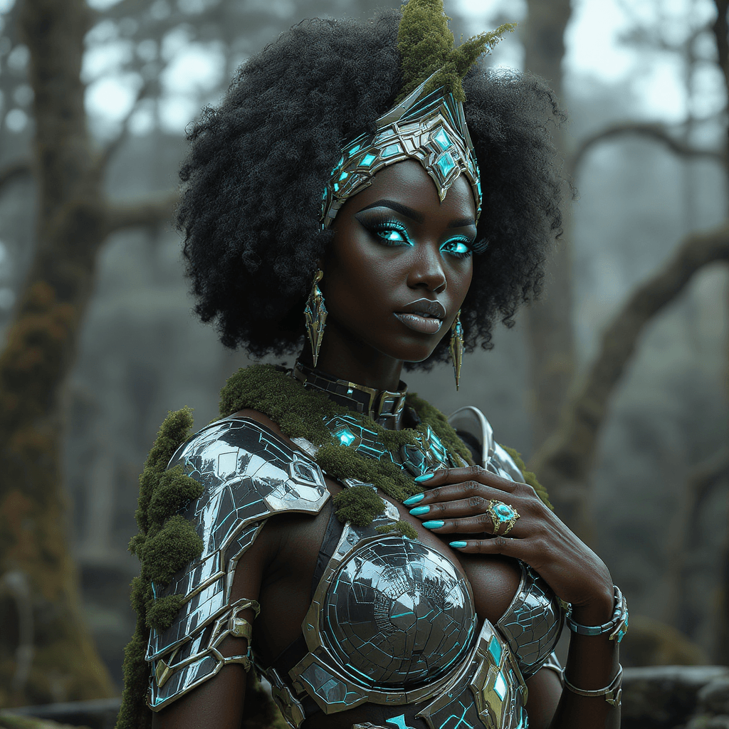AI generated:  “ceremonial vibranium armor, moss-covered spire”: “Elite Afrofuturist warrior queen in ceremonial v...