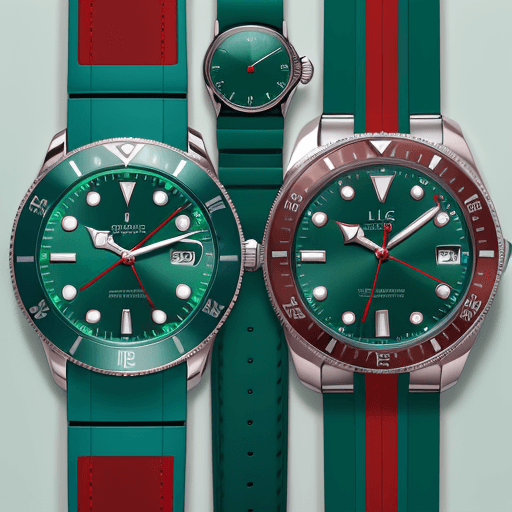 AI generated: Single wristwatch, lying flat, from left to right, with a green band, blue bezel, red dial; watch is...