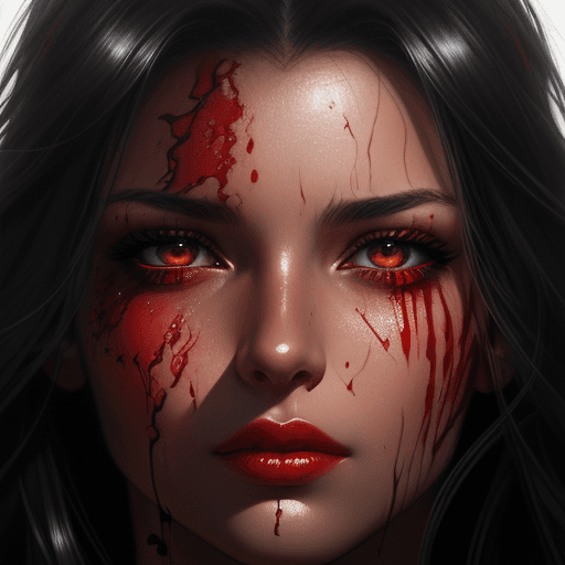 AI generated: blood drops on a woman's face, shiny eyes, elegant, lovely, dark, dramatic light, in the style of mi...