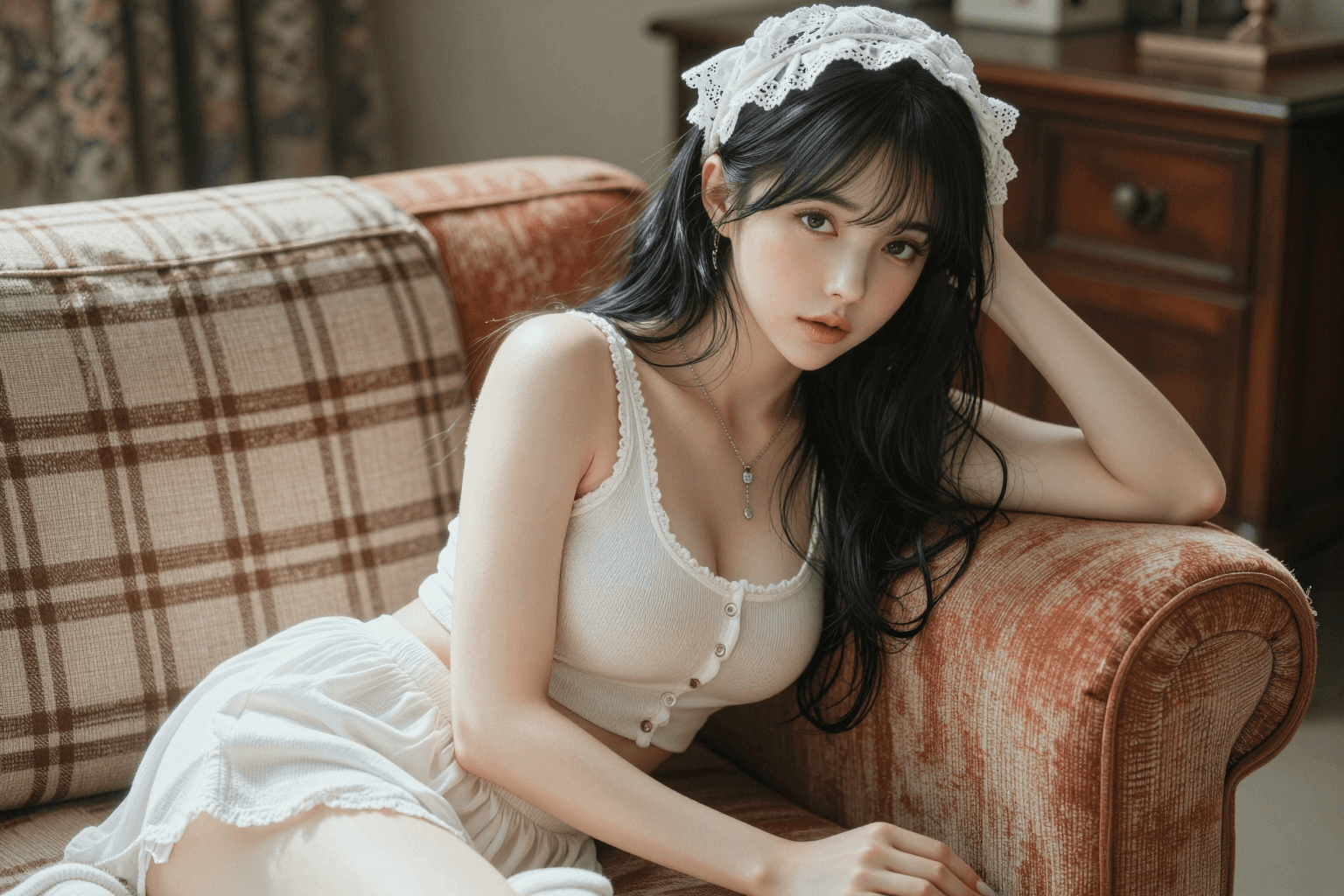 AI generated: A highly detailed, photorealistic, cinematic horizontal medium shot of a stunning young East Asian w...