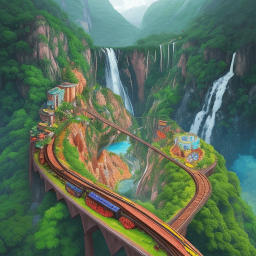 AI generated: Create a vibrant, surreal image where the scene takes place on a spectacular railway track that runs...
