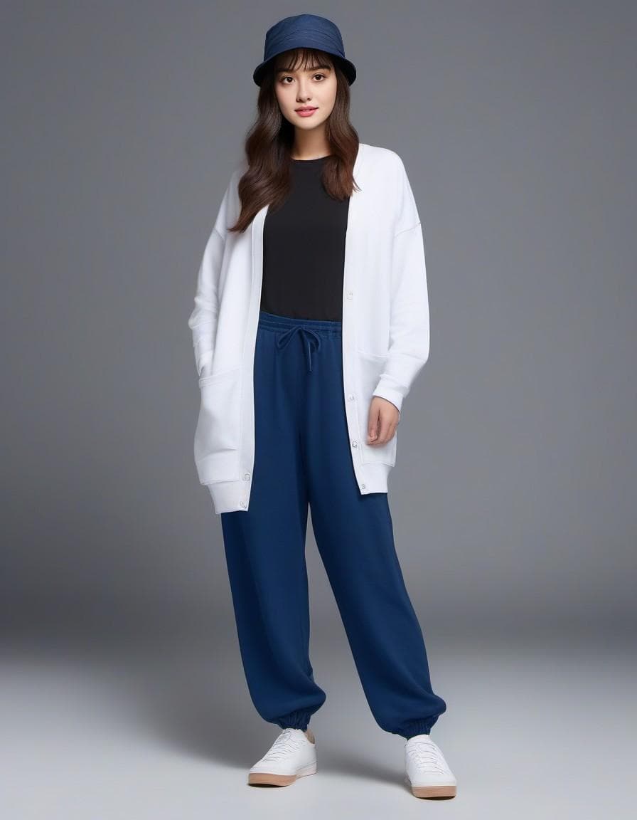 AI generated: capturing a model, woman wearing long cardigan with white t-shirts, deep blue washing cargo jogger p...