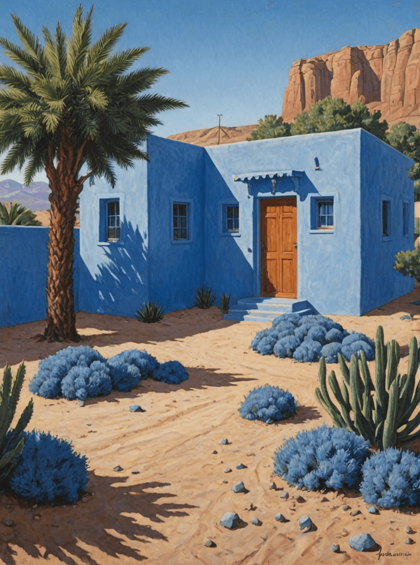 AI generated: a painting of a blue house in a desert, ultramarine blue, blue wall, rob gonsalves and tim white, ul...
