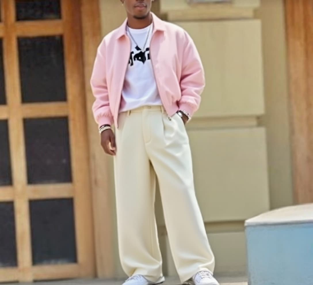 AI generated: ✔️ Wide-leg street pants
✔️ White or black T-shirt
✔️ Fashionable pastel jacket (pink, cream, beig...