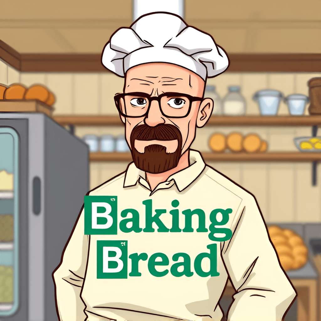 AI generated: Walter White from Breaking Bad, with the text "Baking Bread" in the same style as the Breaking Bad l...