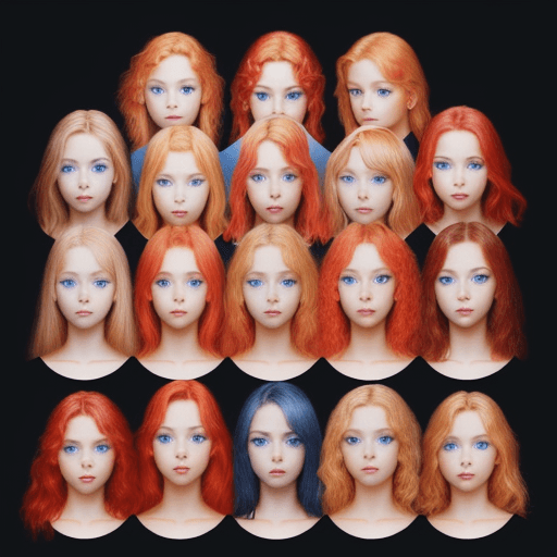 AI generated: Photo of a ultra realistic 12 girls with red blonde hair and deep blue eyes 