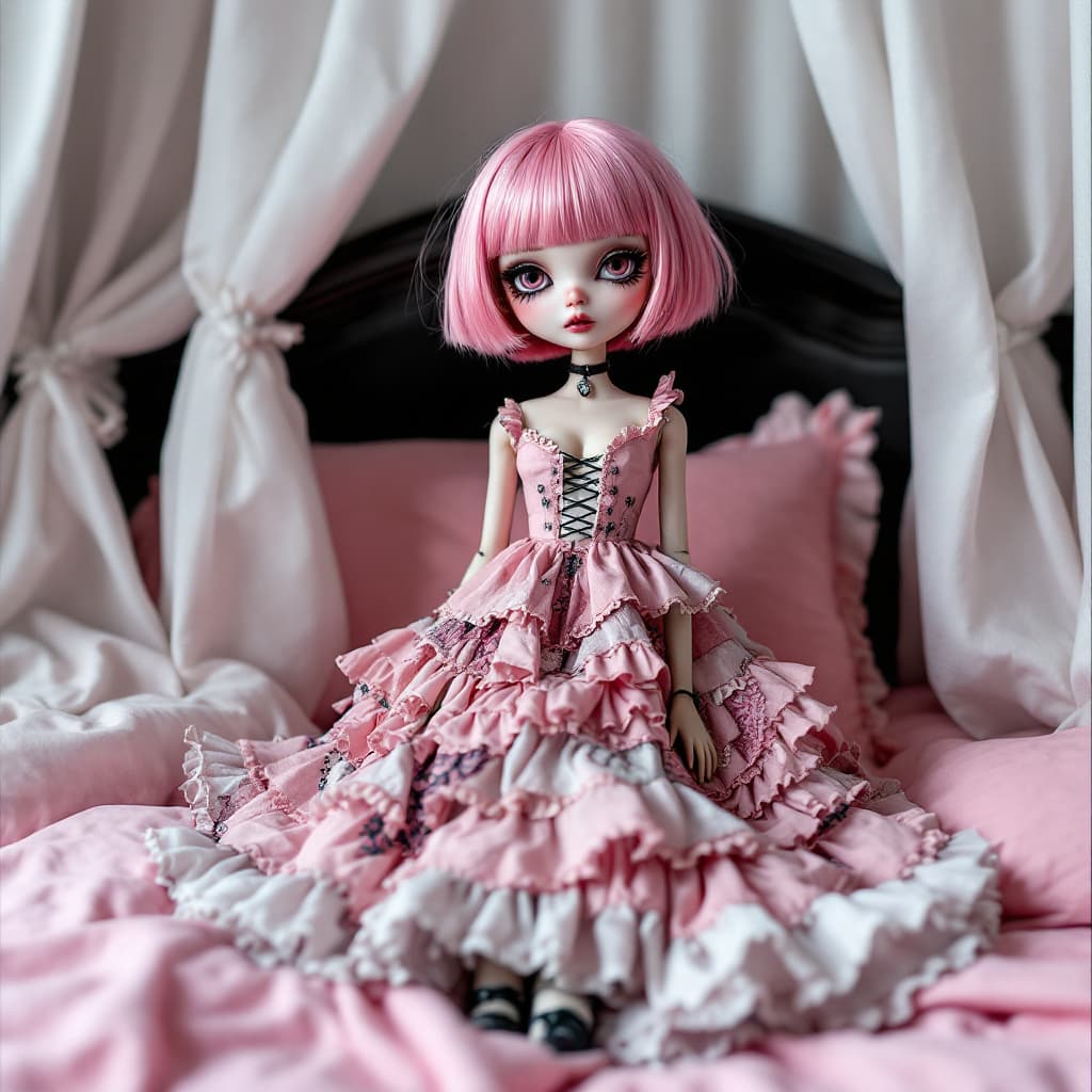AI generated: on a bed with pink sheets and white curtains a female doll sits on a shelf with a melancholy express...
