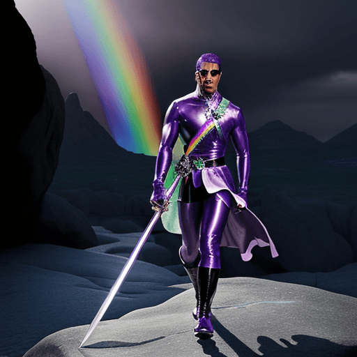 AI generated: purple coated man walks to rock and puts his sword into it. the rock starts sparkling and shining in...
