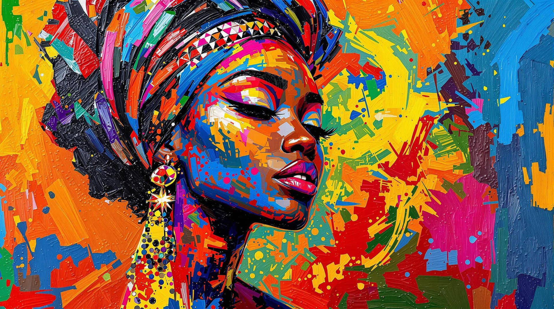 AI generated:    A lively and energetic oil painting in bright, vibrant colors showing  an african woman   The sty...
