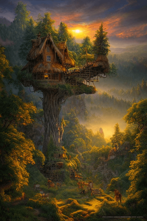 AI generated: valley, fairytale treehouse village covered,, matte painting, highly detailed, dynamic lighting, cin...