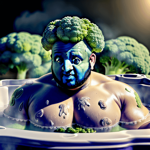 AI generated: broccoli man
 chilling in a hot tub with dj khaled ultra realistic 4k
