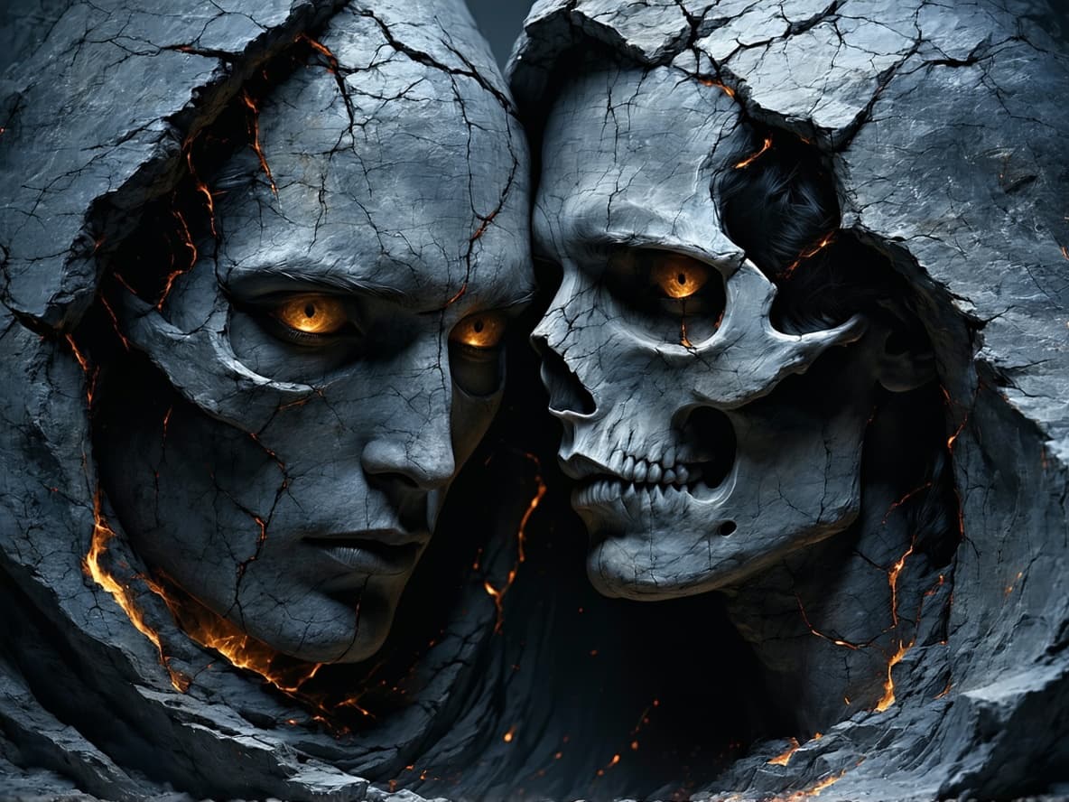 AI generated: A haunting monochrome portrait of Thanatos and Eros embracing, their face sculpted from cracked ston...