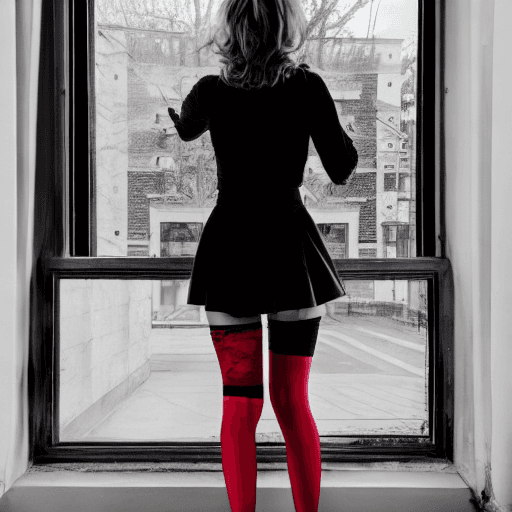 AI generated: A beautiful woman standing next to a window, posing in black long sleeves and a short micro miniskir...