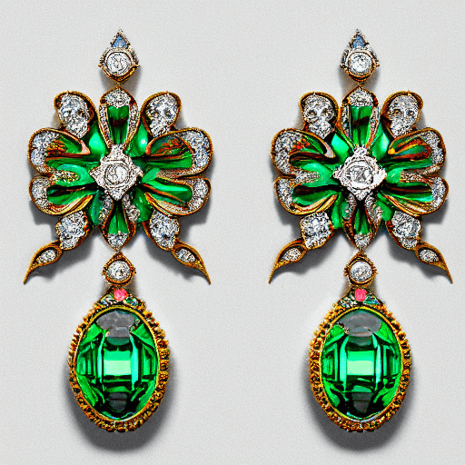AI generated: full display of baroque style jewelry design, a pair of earrings, green gemstones with different sat...