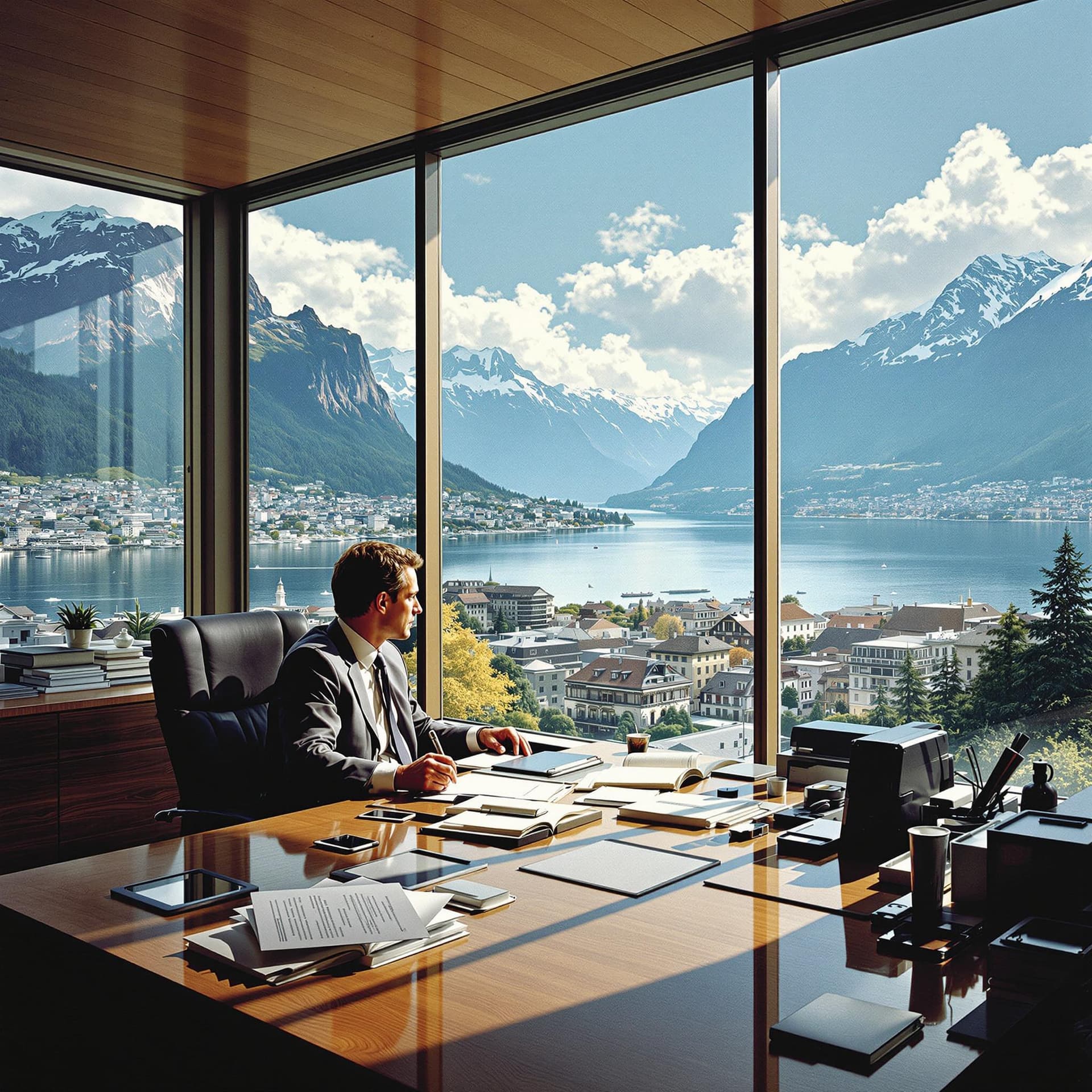 AI generated: An office of a Swiss executive in the early eighties, sitting at his desk with large windows overloo...