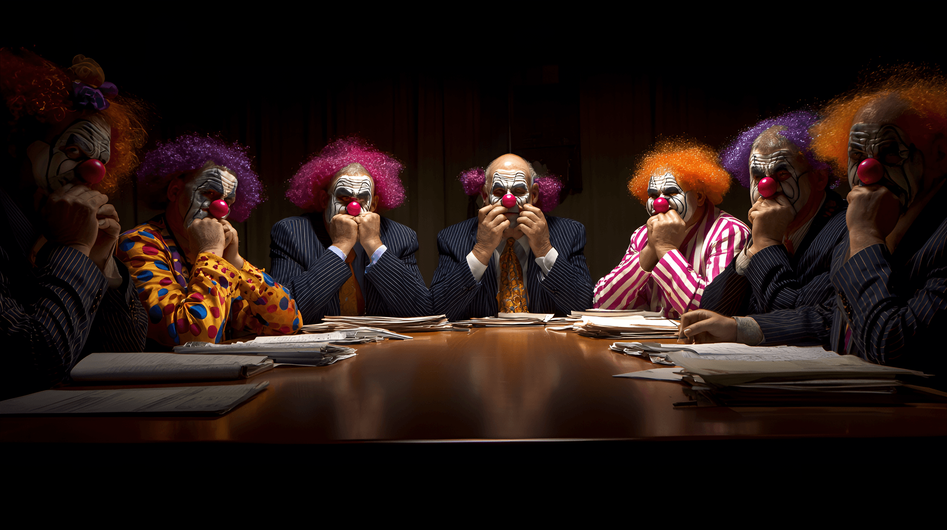 AI generated: Group of clowns in business meeting, indoor shot, dramatic lighting,  middle-aged men, Caucasian, we...