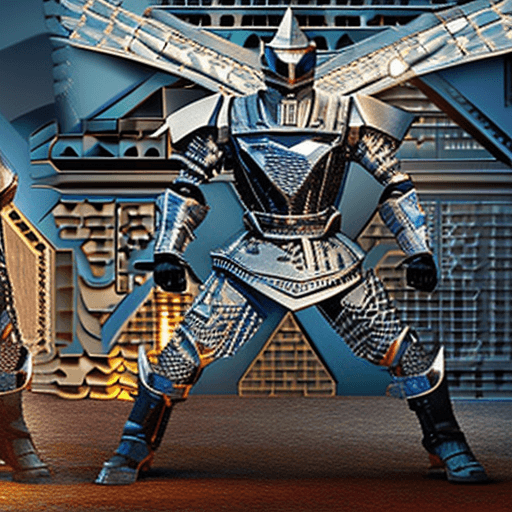 AI generated: sci-fi futuristic warrior dragon like steel armor mask holding flail in attack position, lights on m...
