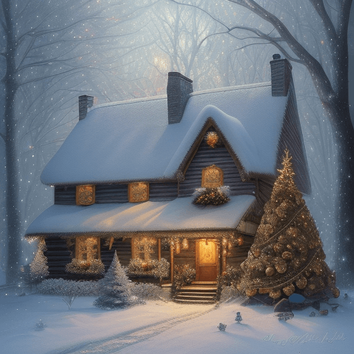 AI generated: Art by Kajenna, full body, christmas evening in winter forest, falling snow christmas tree and engli...