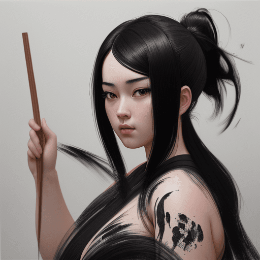 AI generated: a black painting of a woman with black hair, in the style of photo-realistic drawings, chinese brush...