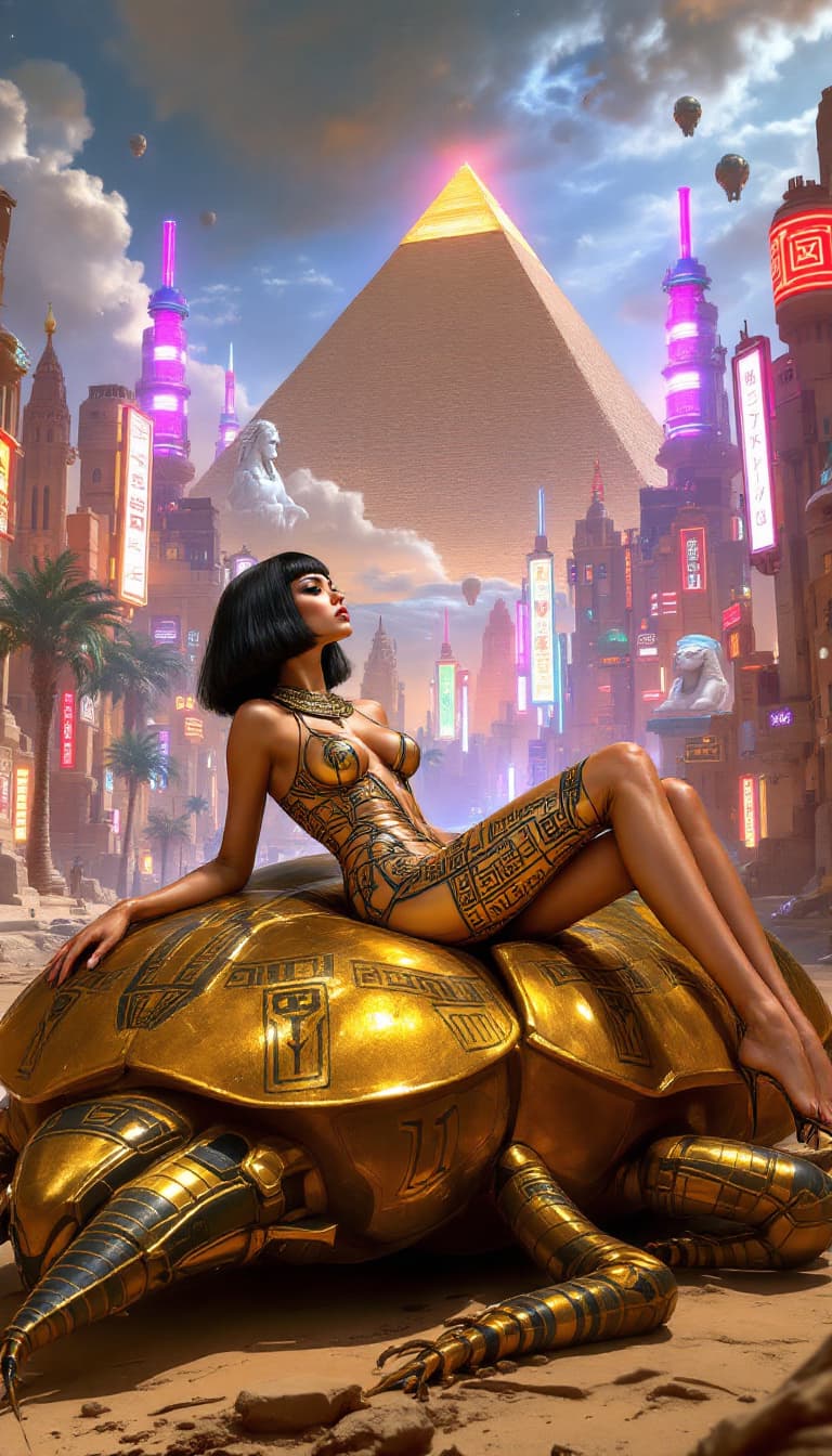 AI generated: A stunning, avant-garde interpretation of Cleopatra, featuring a modern woman as Cleopatra, reclinin...