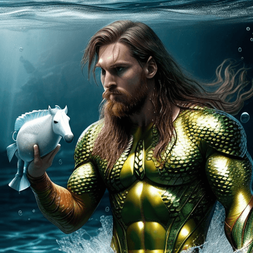 AI generated: Leo Messi, as aquaman, uunder water, and a little horse, photo realistic