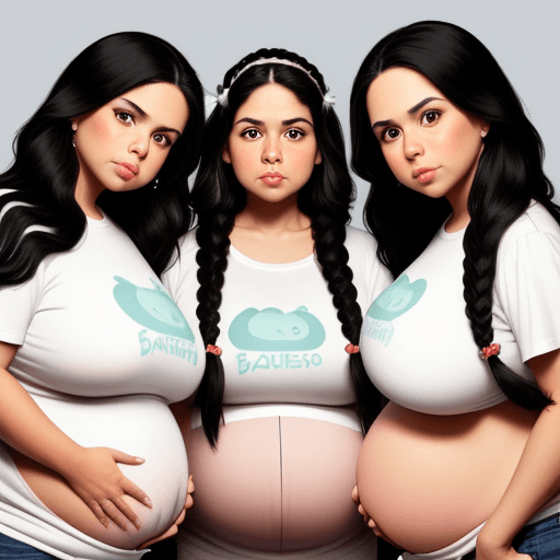 AI generated: pregnant Paola Núñez, pouty expression, ( long thick wavy black hair in French Braids), with chubby ...