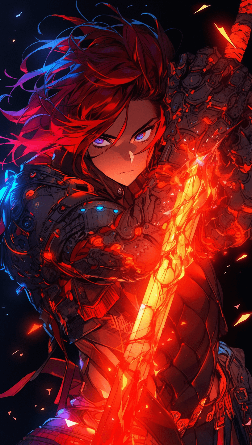 AI generated: An illustration of a fearless warrior with fiery red hair, in the style of Kaleidoscopic, Alex Schom...