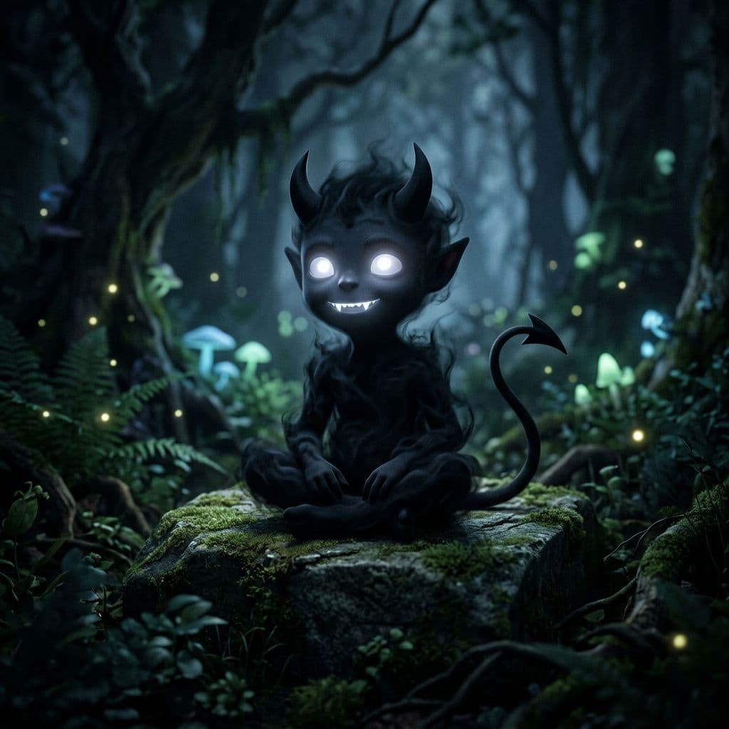 AI generated: a small black basic demon with glowing white eyes and glowing white sharp teeth and little black dev...